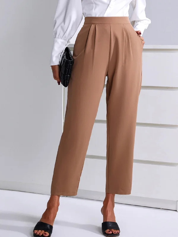 Elegant Plain Plicated High Waist Cropped Women Pants