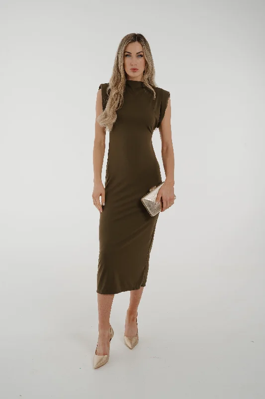 Holly High Neck Midi Dress In Khaki