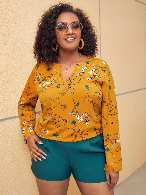 Floral Long Sleeve Notched Regular Plus Size Blouse