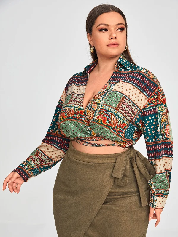 Paisley Wrap Long Sleeve Collar Crop Plus Size Blouse