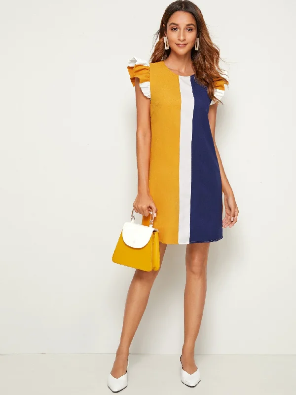 Colorblock Button Cap Sleeve Round Neck Straight Natural Short Dress