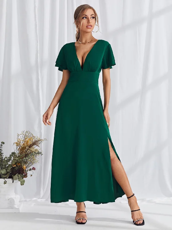 Plain Split Thigh Short Sleeve Deep V Neck Slit High Waist Long Dress