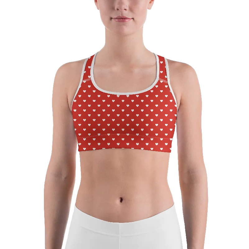 White Mini Hearts Red Sports Bra