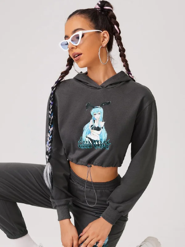 Casual Cartoon Drawstring Long Sleeve Hooded Crop Women Sweatshirt