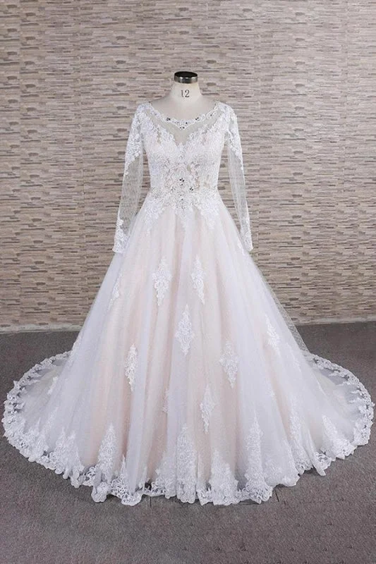 Illusion Appliques Long Sleeve Tulle Wedding Dress