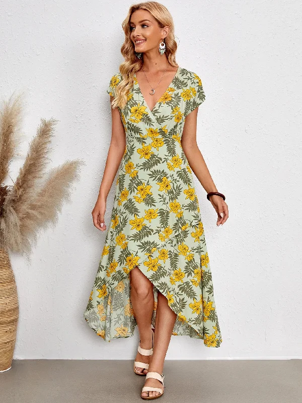 All Over Print High Low Cap Sleeve Deep V Neck Asymmetrical High Waist Long Dress