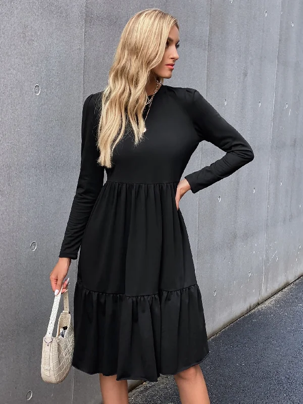 Plain Ruffle Hem Long Sleeve Round Neck Flounce High Waist Knee Length Dress