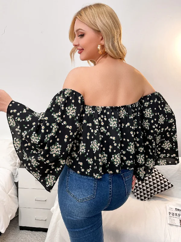 Floral Long Sleeve Off The Shoulder Crop Plus Size Blouse