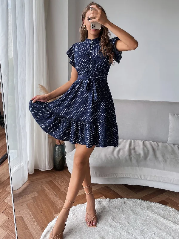 Polka Dot Button Front Cap Sleeve Stand Collar Flounce High Waist Short Dress