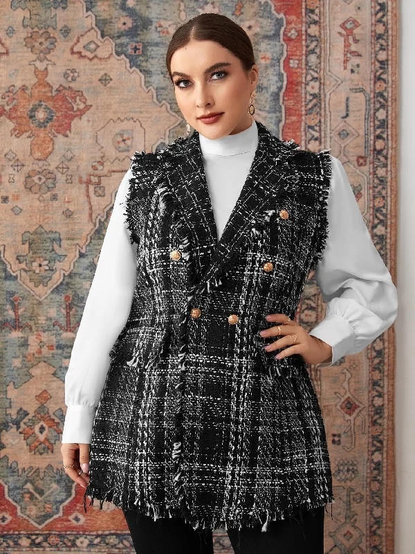 Plaid Button Front Sleeveless Lapel Short Plus Size Overcoat