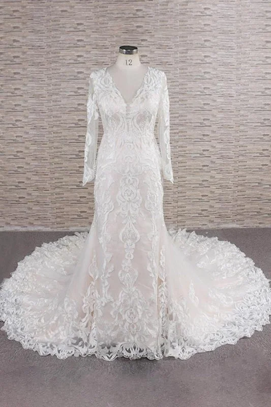 Chic Long Sleeve Appliques Mermaid Wedding Dress