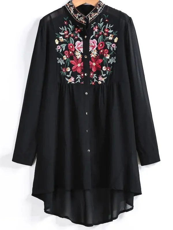 Floral High Low Long Sleeve Stand Collar Long Plus Size Blouse