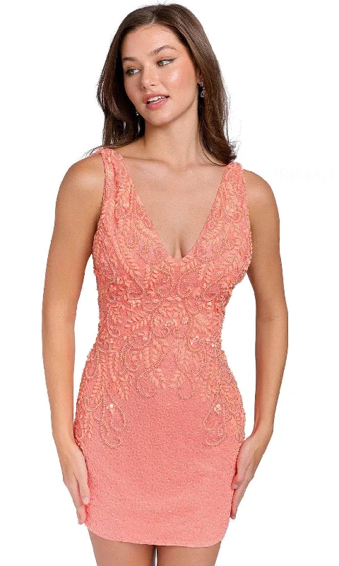 Primavera Couture 3807 - Bejeweled Appliqued V-Neck Cocktail Dress