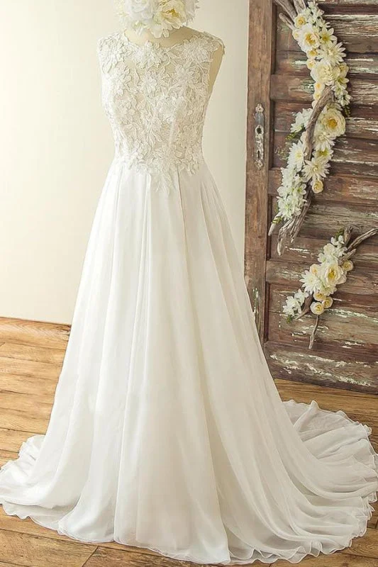 Open Back Appliques Chiffon A-line Wedding Dress