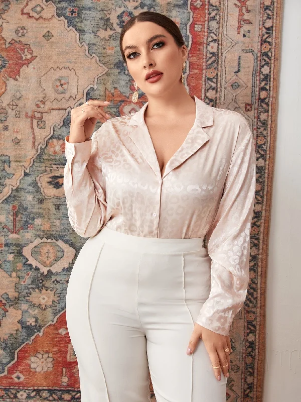 Elegant Plain Button Front Long Sleeve Lapel Long Plus Size Blouse