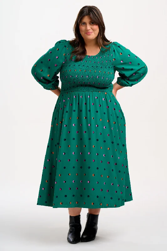 Gretel Midi Shirred Dress - Green, Rainbow Shadow Polka