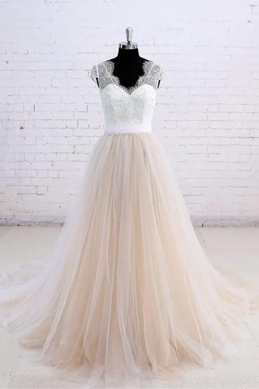 Cute Bow Lace V-neck Tulle A-line Wedding Dress