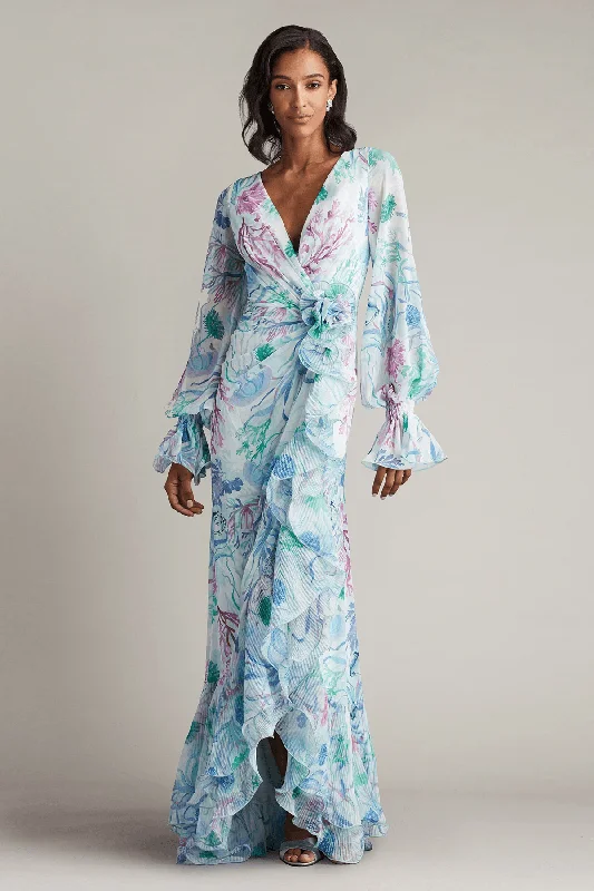 Tadashi Shoji CFL24404L - Printed Bishop Sleeve Long Gown