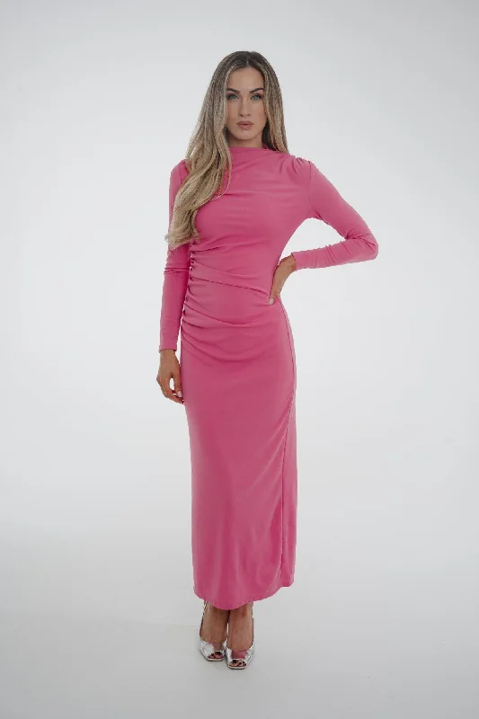 Holly Ruched Midi Dress In Pink