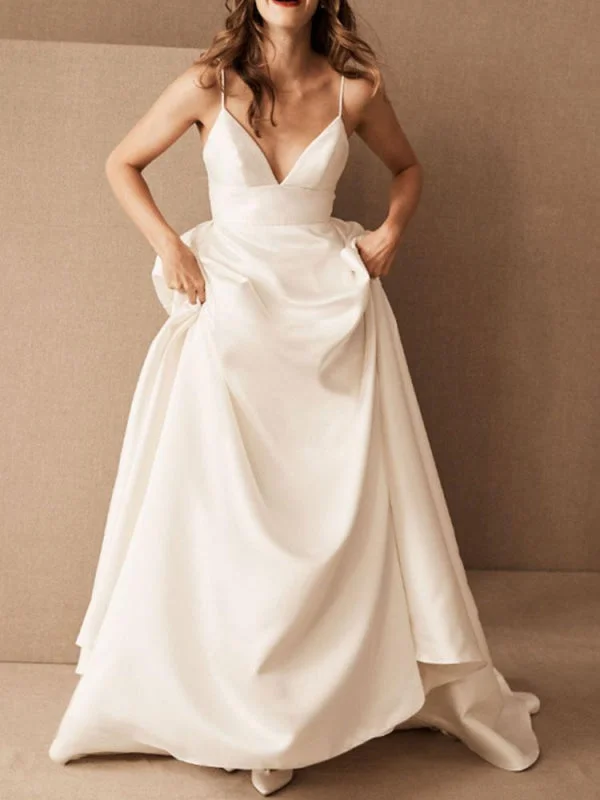 Simple Wedding Dress Satin V Neck Sleeveless Pockets A Line Bridal Gowns