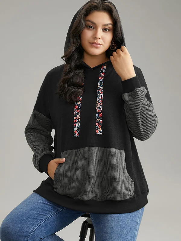 Rib Knit Patchwork Ditsy Floral Ties Sweatshirt