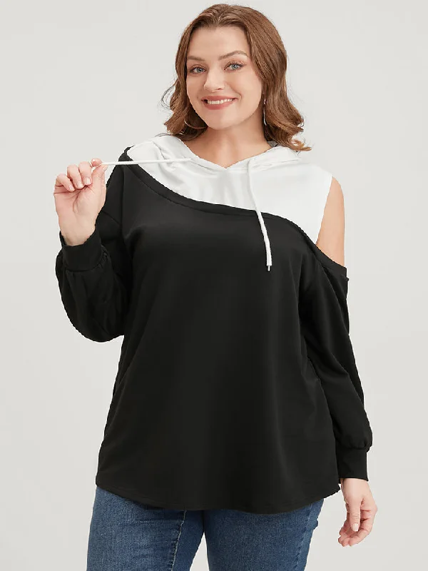 Colorblock Contrast Drawstring Cut Out Sweatshirt