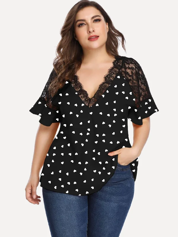 All Over Print Ruffle Short Sleeve V Neck Regular Plus Size Blouse