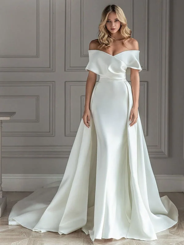 White Vintage Wedding Dress With Train Satin Off The Shoulder Wedding Dress Pleated Mermaid Bridal Gowns