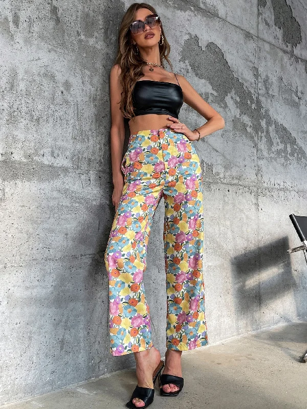 Casual All Over Print Pocket High Waist Long Women Pants