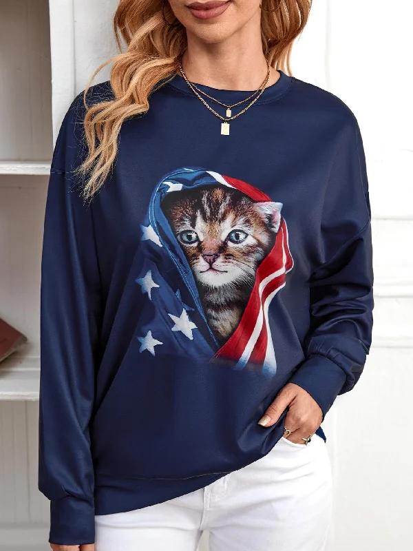 Casual Flag Long Sleeve Round Neck Long Women Sweatshirt