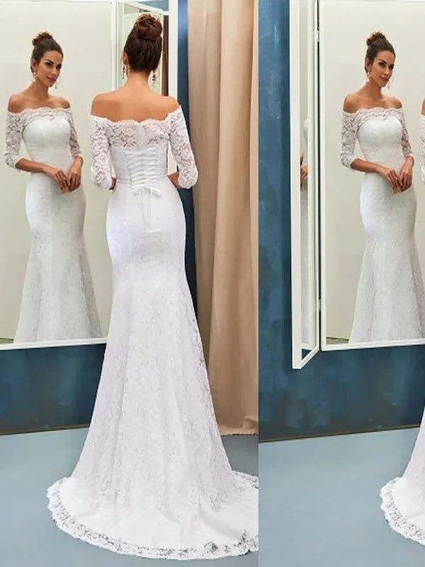 Off-the-Shoulder Lace Mermaid Long Sleeves Sweep Train Wedding Dresses