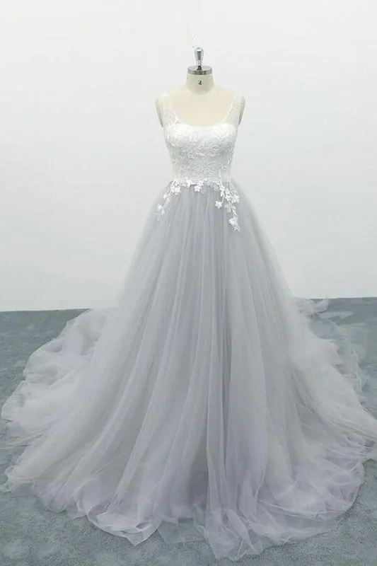 Square Neck Appliques Tulle A-line Wedding Dress