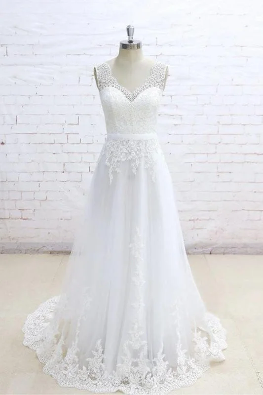 Graceful Appliques V-neck Tulle A-line Wedding Dress