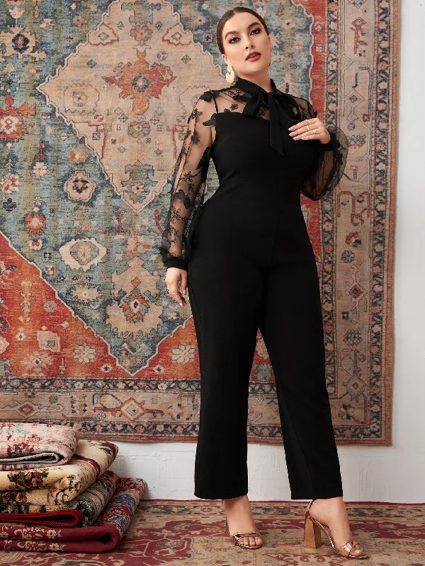 Plain Knot Long Sleeve Stand Collar Long Plus Size Jumpsuit