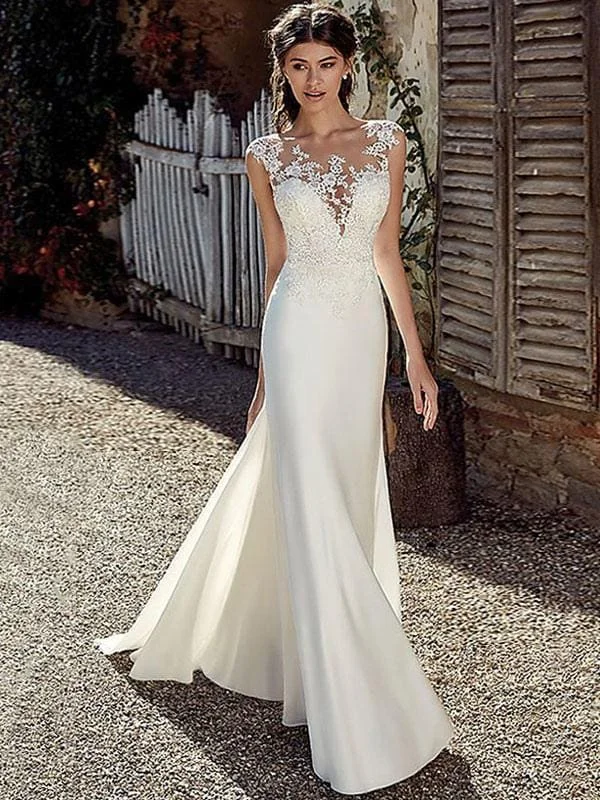 White Simple Wedding Dress White Chiffon Illusion Neckline Sleeveless Court Train Applique Sheath Bridal Gowns