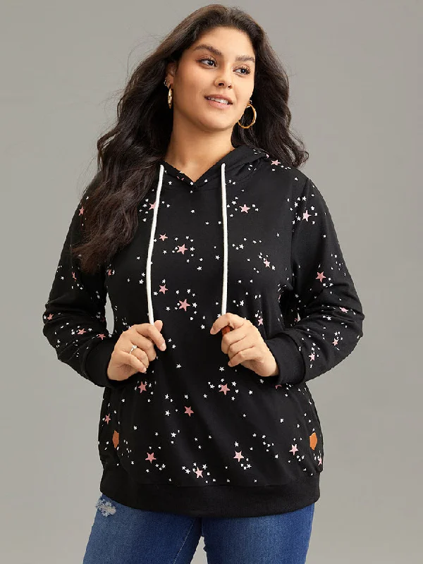 Star Kangaroo Pocket Hooded Rib Knit Sweatshirt