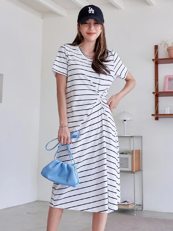 Striped Twist Short Sleeve Round Neck Semi-Sheer Straight Natural Long Dress