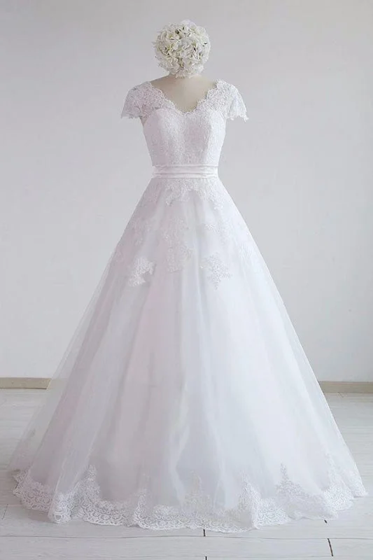 Elegant Lace Cap Sleeve Tulle A-line Wedding Dress