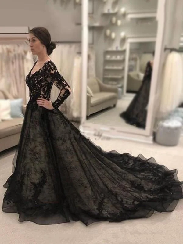 V-Neck Long Sleeves Bride Dresses Lace Black Wedding Dresses