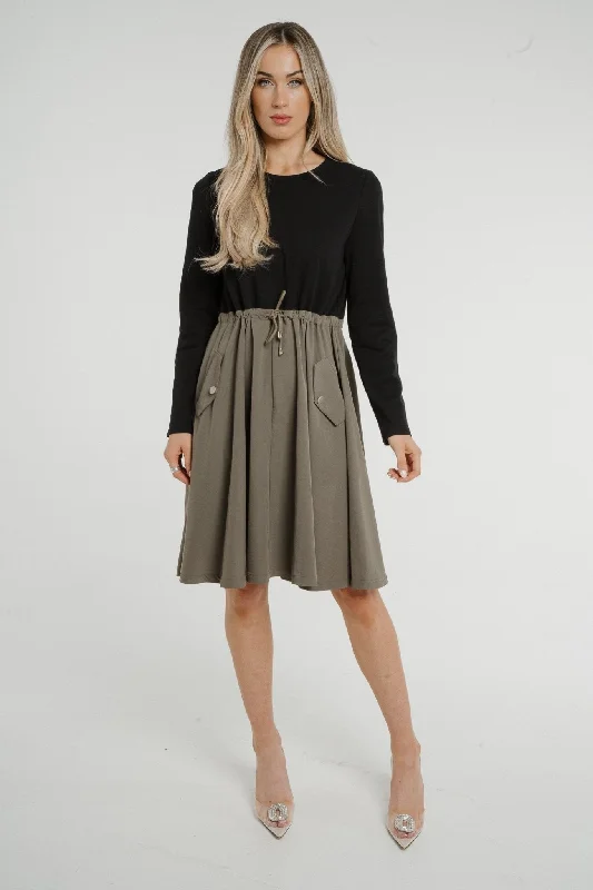 Jasmine Contrast Dress In Black & Khaki