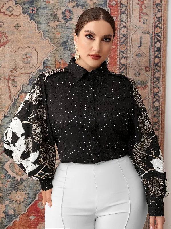 Elegant Polka Dot Button Front Long Sleeve Collar Regular Plus Size Blouse