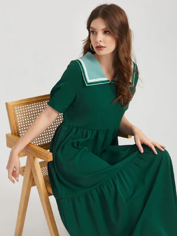 Colorblock Ruffle Hem Short Sleeve Peter Pan Collar Flounce High Waist Maxi Dress