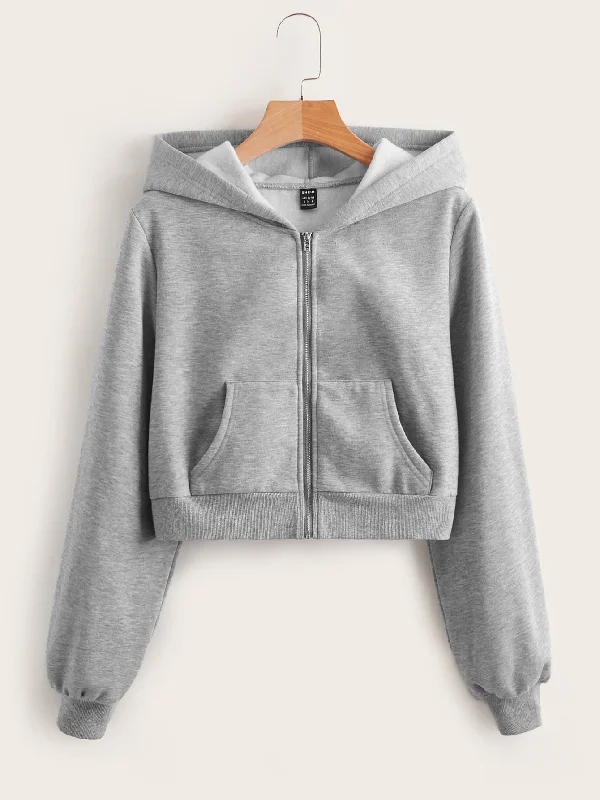 Casual Plain Zipper Long Sleeve Hooded Crop Women Sweatshirt