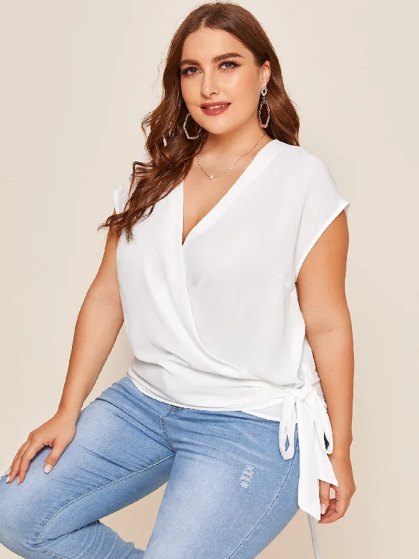 Plain Wrap Cap Sleeve V Neck Regular Plus Size Blouse