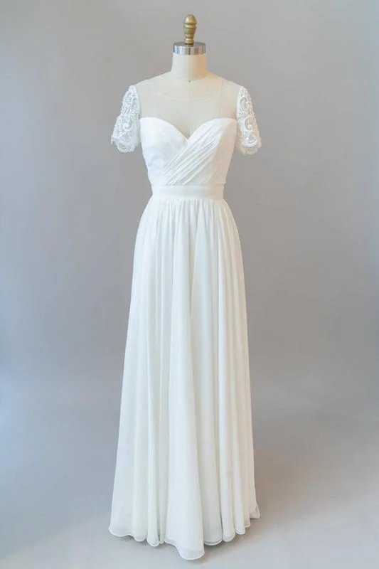 Ruffle Short Sleeve Chiffon A-line Wedding Dress